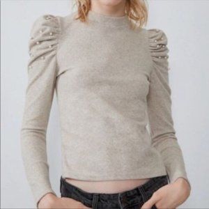 Zara Beige Puff Sleeved Pearl Sweater